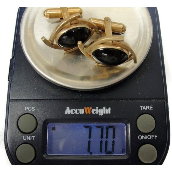 Vintage Cufflinks 1/20 12K Gold Filled Black Onyx Swept Design Signed Janice - Picture 10 of 10
